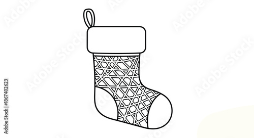 Black and white line art illustration of a traditional Christmas stocking with a decorative cross-hatch pattern on its main body.