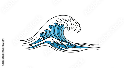 Large blue ocean wave with white foam cresting in a stylized illustration reminiscent of traditional Japanese woodblock art prints.