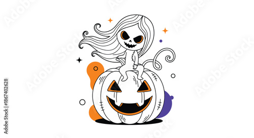 Spooky cartoon girl with long hair sitting on a large carved jack-o-lantern pumpkin with abstract orange and purple shapes behind her.