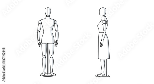 Technical illustration showing a female mannequin from both the front and side profile views against a plain white background for fashion design.