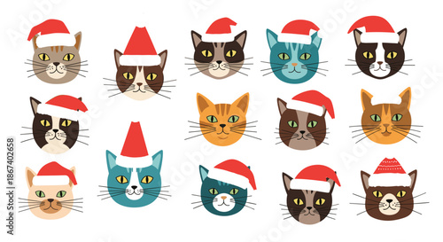Collection of many different cat breeds illustrated with various colors and patterns, all wearing festive red and white Santa hats.