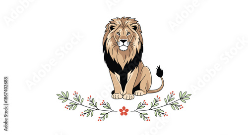 Majestic male lion with a large dark mane sitting calmly behind a decorative laurel-style branch with small red berries and green leaves.