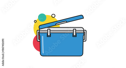 Blue plastic cooler box with its lid slightly open shown against a decorative background of red, yellow, and green circular shapes.