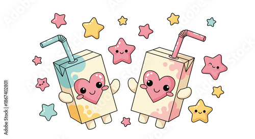 Whimsical illustration of two friendly juice box characters with heart-shaped faces, surrounded by a multitude of colorful smiling stars.
