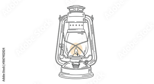 Detailed black and white line art of a vintage kerosene lantern with a glass chimney and a glowing flame inside.