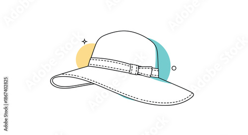 Elegant line drawing of a stylish wide-brimmed women's sun hat with a ribbon band, placed over decorative yellow and blue circular shapes.
