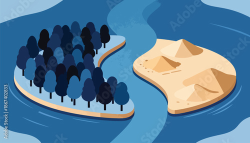 Lush green island and arid desert island separated by blue water