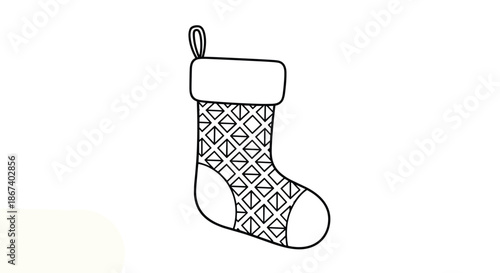 Black and white line art illustration of a traditional Christmas stocking featuring a decorative geometric diamond pattern on its main part.