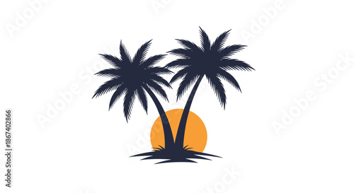 Dark silhouette of two palm trees growing close together in front of a bright orange sun, evoking a tropical island or beach sunset.