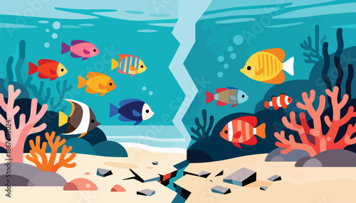 Vibrant reef fish swim in two separate, cracked aquatic worlds