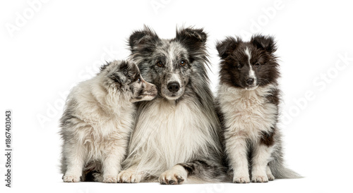 Photos Border collie mother with her two fluffy puppies