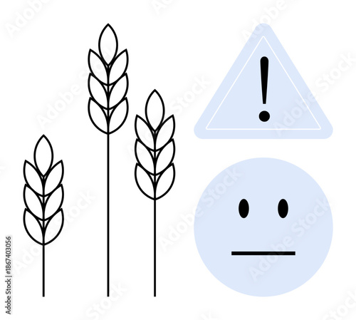 Food safety, gluten-free diet, allergy awareness, food intolerance, dietary restrictions, and health risks. Illustrations of wheat, a warning sign and a sad face. Gluten-free diet and food safety