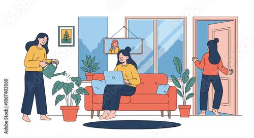 Busy household scene showing one woman watering a houseplant, another working on a laptop on the sofa, and a third leaving through a door.