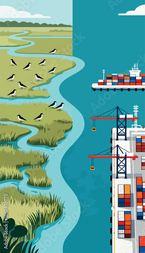 Contrasting natural wetland habitat with busy shipping port and cranes