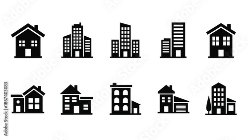 Collection of various building illustrations displayed against a white background