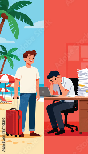 Contrast between vacation on beach with palm trees and stressful office work