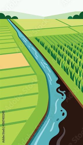 Irrigated fields with a bright blue canal winding through lush green and yellow crops