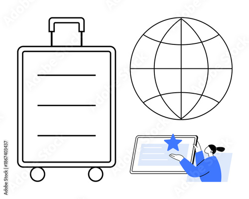 Travel, global connectivity, digital booking, itinerary planning, tourism, online reviews. A suitcase, a globe and a person interacting with a tablet. Travel and global connectivity concept