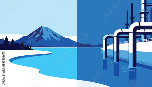 Contrast between pristine natural landscape and industrial waterfront