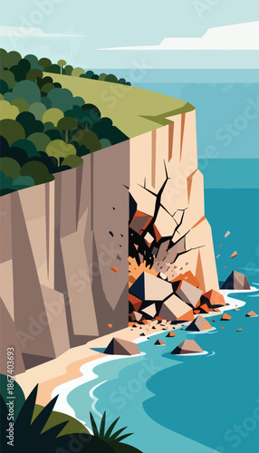 Cracks fissure a cliff face, sending rocks tumbling to a sandy beach and turquoise sea