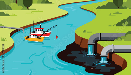 Ships navigate polluted waters as pipes discharge effluent into a river