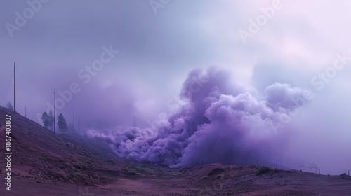 Mysterious landscape surrounded by dense purple poisonous fog