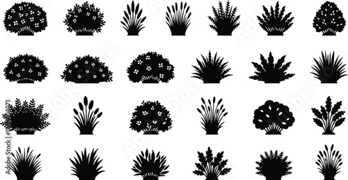 Black garden bush silhouette set, decorative shrub and plant icons collection for landscaping design, nature concept, vector illustration isolated on white background