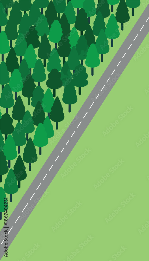 Fototapeta premium A stylized forest of green trees borders a paved road with white lines