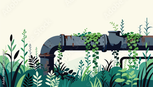 Overgrown pipe emerges from dense foliage