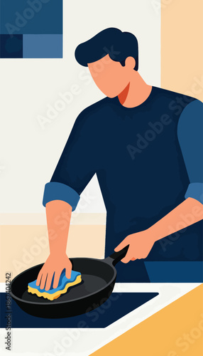 Man cleaning cooking pan with sponge