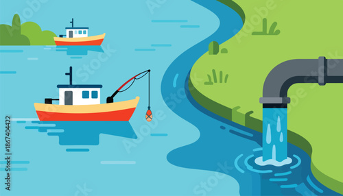 Fishing boats on a river with a pipe discharging water into it