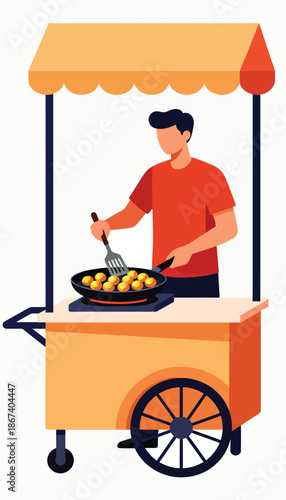 Vendor frying food in a portable cart under an orange canopy