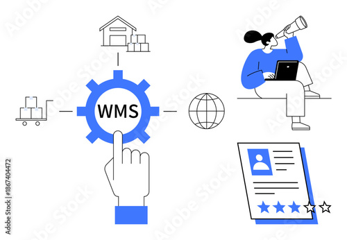 Warehouse, storage, cart, WMS gear, person with laptop and telescope, global connectivity icon, rating sheet. Ideal for logistics, supply chain technology management distribution workflow remote