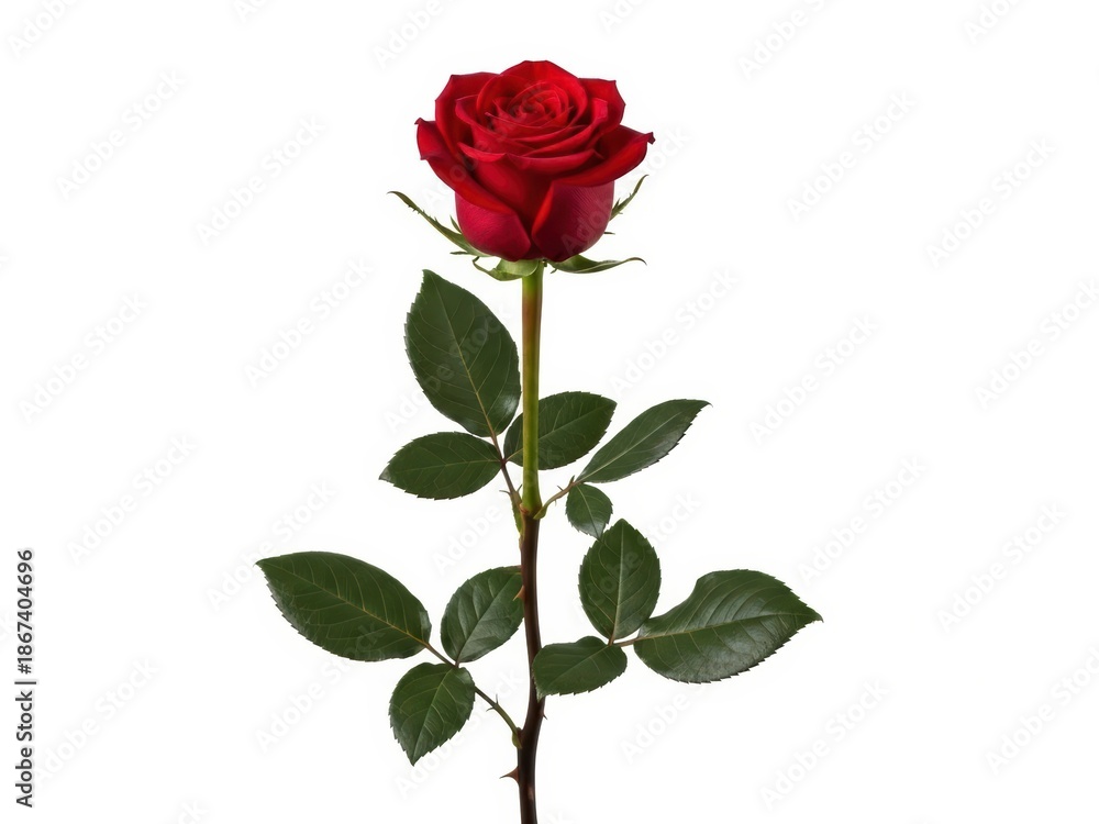 Fototapeta premium Single long stem red rose with leaves isolated on white background