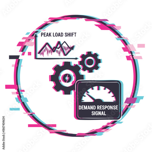Demand response signal and peak load shift concept with gears and glitch effect, energy management illustration