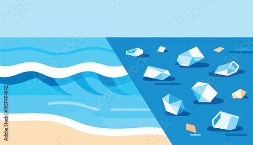 Contrasting ocean scenes one pristine with waves, the other with floating debris