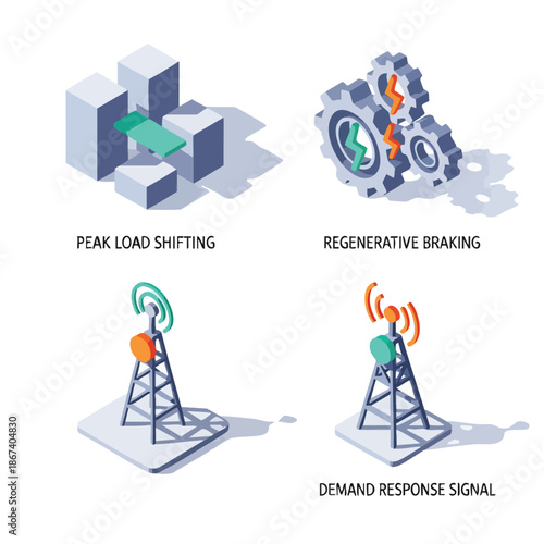 Smart Grid Energy Management Concepts: Peak Load Shifting, Regenerative Braking, and Demand Response Signal. Isometric Vector Illustrations for Modern Power Systems.