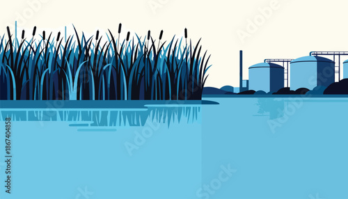 Industrial silos and cattails by tranquil water with reflections