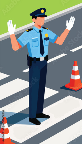 Officer directs traffic on a crosswalk with orange cones