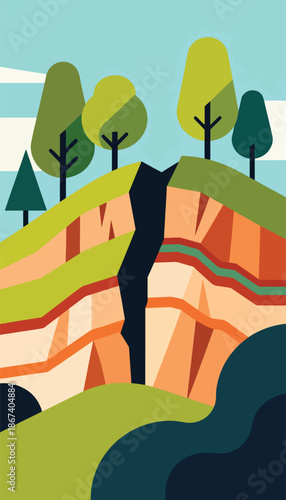Cutaway geological layers show fractured earth with trees on a grassy hill
