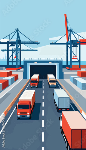 Large cranes and trucks at a busy port, facilitating global trade