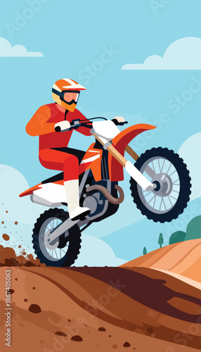 Motocross rider in mid-air performing a wheelie over a dirt track