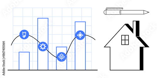 Energy efficiency, data analysis, seasonal trends, home improvement, sustainability, real estate planning. Bar graph showing seasonal symbols, house icon and pen for notes. Energy efficiency