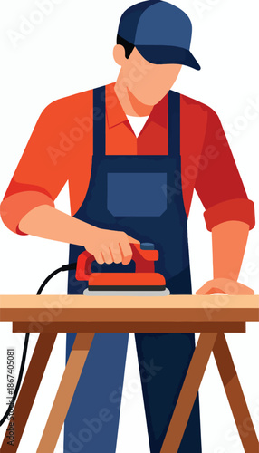 A person wearing a blue cap and apron sands a wooden plank