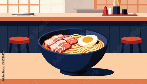 A steaming bowl of noodles, meat, and egg sits at a counter with stools