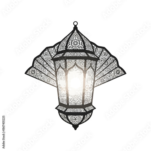 Intricate metal lantern with a glowing light, featuring a traditional Middle Eastern design, set against a clean white background, conveying a sense of cultural heritage and warmth during