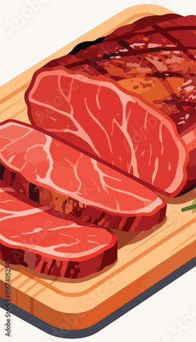 Sliced raw steak with marbling, presented on a wooden cutting board