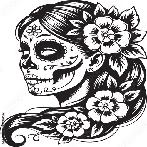 Elegant la catrina illustration featuring delicate sugar skull makeup and ornate flower decorations in a vintage