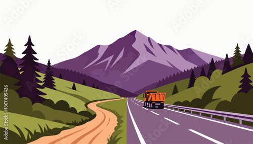 Scenic mountain road with a dump truck driving on a highway