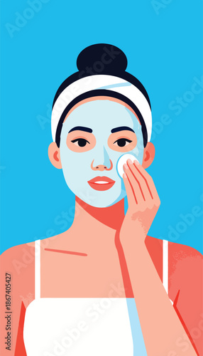 A person applies a facial mask with a cotton pad against a vibrant blue background
